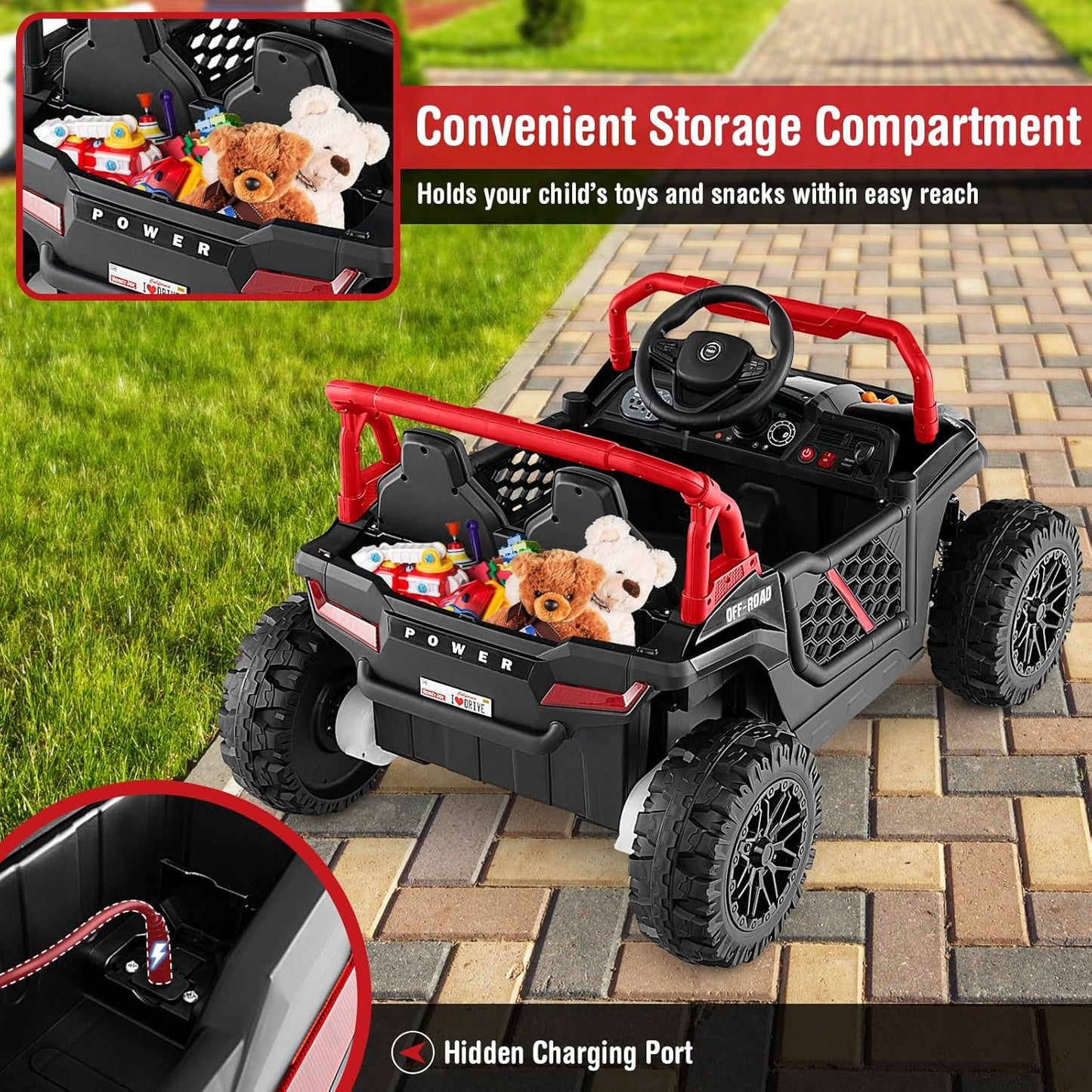 Costzon Kids UTV, 12V Battery Powered Electric Off-Road Car w/Remote Control, Sounds, Wireless Connection, 3 Speeds & 4-Wheel Suspension, Kids Ride on Truck, Gift for Boys & Girls 3+ Years Old (Black)