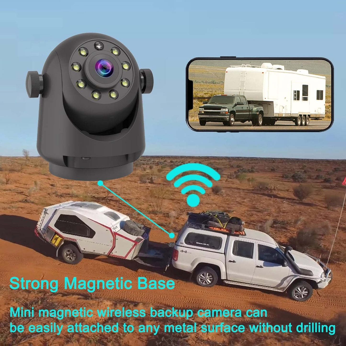 Wireless Magnetic Backup Camera for Trailers/RV/Camper - WiFi Rechargeable HD Night Vision, No Wiring/Drilling, Easy Hitch Alignment, Compatible with iPhone/Android/iPad (Gooseneck/Fifth Wheel)