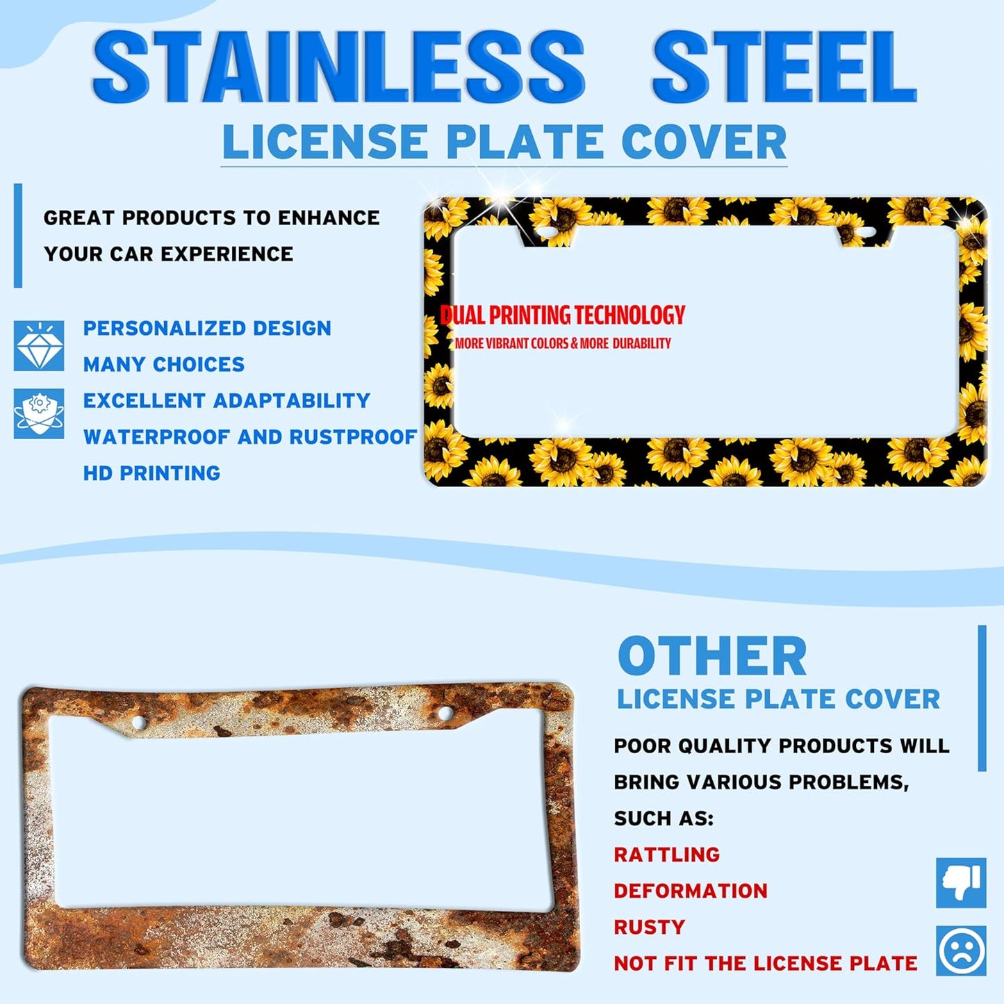 Sunflowers License Plate Frame Yellow Flowers Stainless Steel License Plate Holder for Front or Rear Car Tags Funny for Car Decoration Accessories with Screws 6.3 X 12.2 in for Women Men