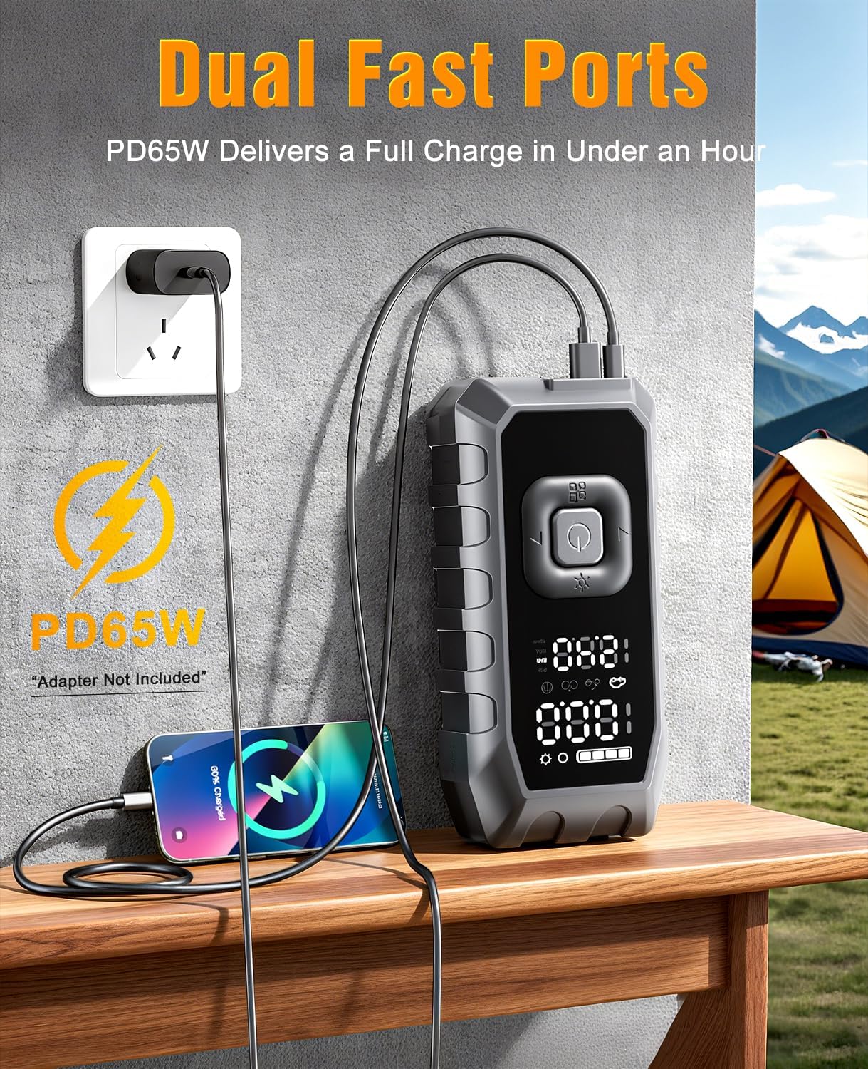 Tire Inflator Portable Air Compressor,65W Fast Charge 180PSI Cordless Electric Air Pump with Digital Pressure Gauge,Jump Starter Auto-Off for Car Bicycle Ball Inflatable,Battery Booster with Light