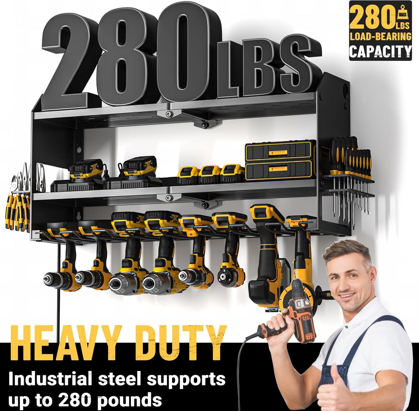 YYR Power Tool Organizer with Charging Station Wall Mount, Cordless Drill and Battery Holder for Garage Organization, Electric Tools Storage Rack Build in Surge Protection Power Strip - Black Shelf