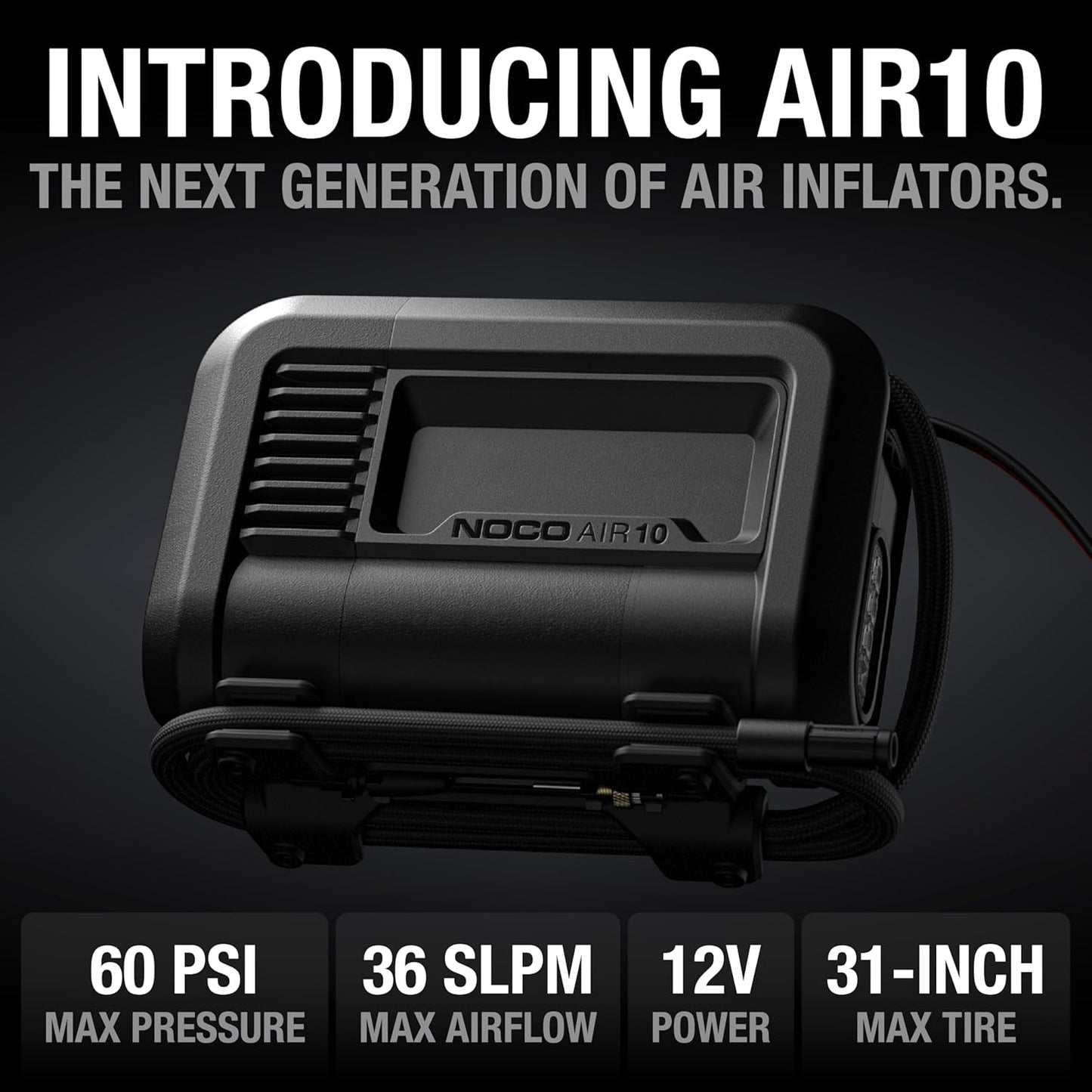NOCO AIR10: UltraFast 10A Tire Inflator - 12V Portable Air Compressor Pump, 60 PSI Max – 36 SLPM Airflow Inflates 0–40 PSI in 3.8 Minutes – Digital Gauge + Auto-Shutoff