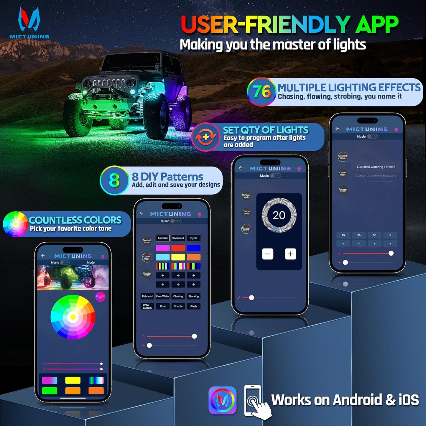 MICTUNING C2 MAX RGB+IC Chasing Color Rock Lights - 10 Pods Underglow Lighting Kit, Dynamic Lighting Modes, Extensible Up to 24 Pods with Stable APP Control, IP68 Waterproof, DIY Effect