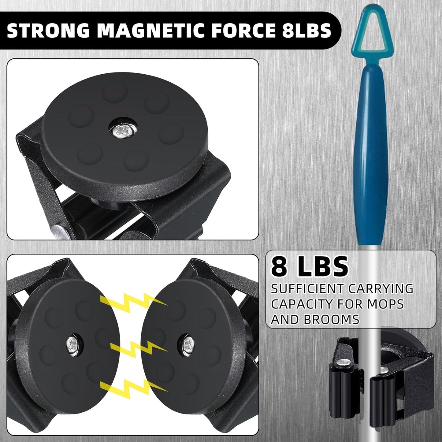 4 Pcs Magnetic Mop Broom Holder Movable Magnetic Broom Holder Rack, Anti Slip Wall Mounted Utility for Cleaning Tools, Garage, Kitchen, Laundry, Garden (Black)