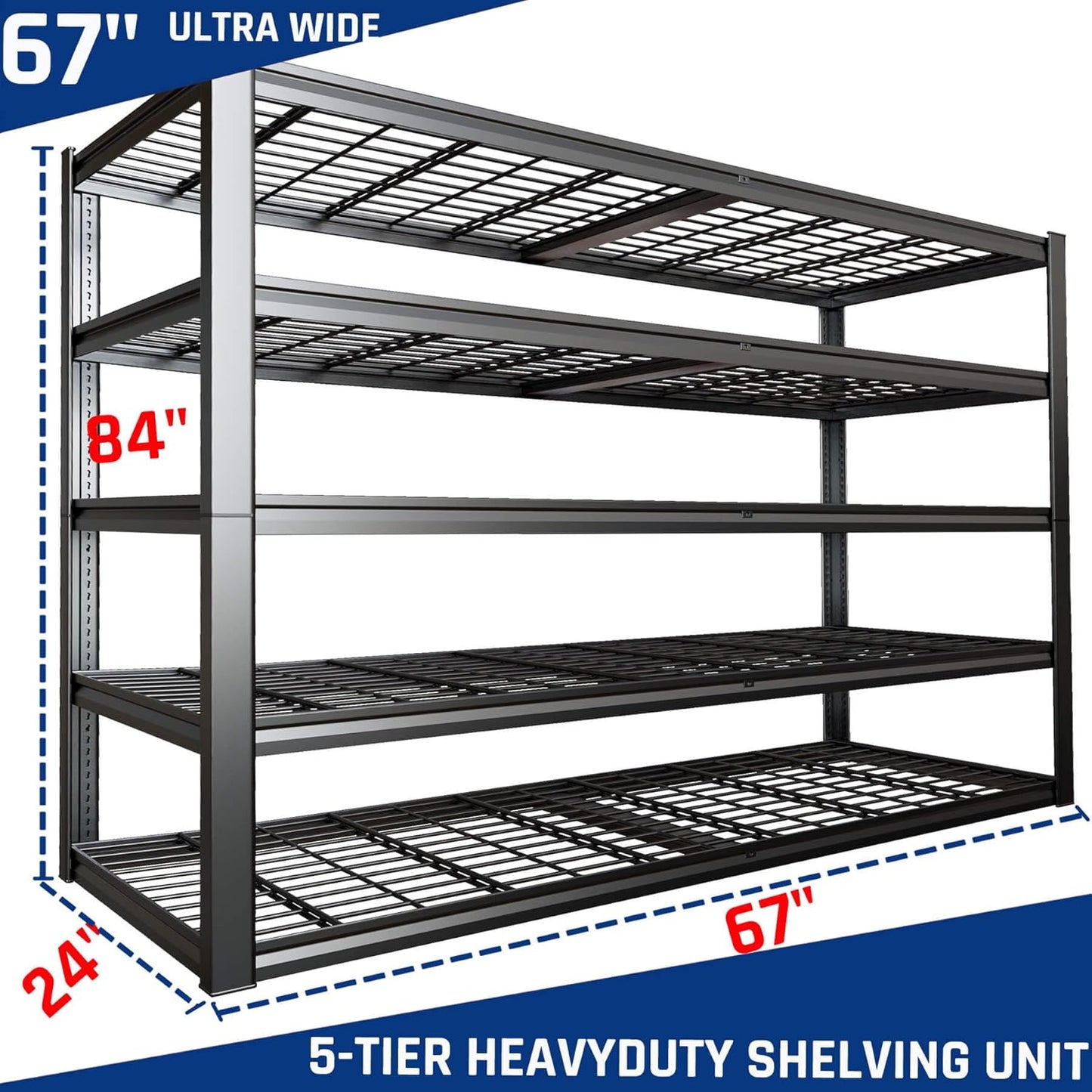 67" W Garage Shelving Heavy Duty, 67" W x 24" D x 84" H, Adjustable 5 Tier Metal Shelves, Commercial Metal Shelf Rack, Industrial Shelving
