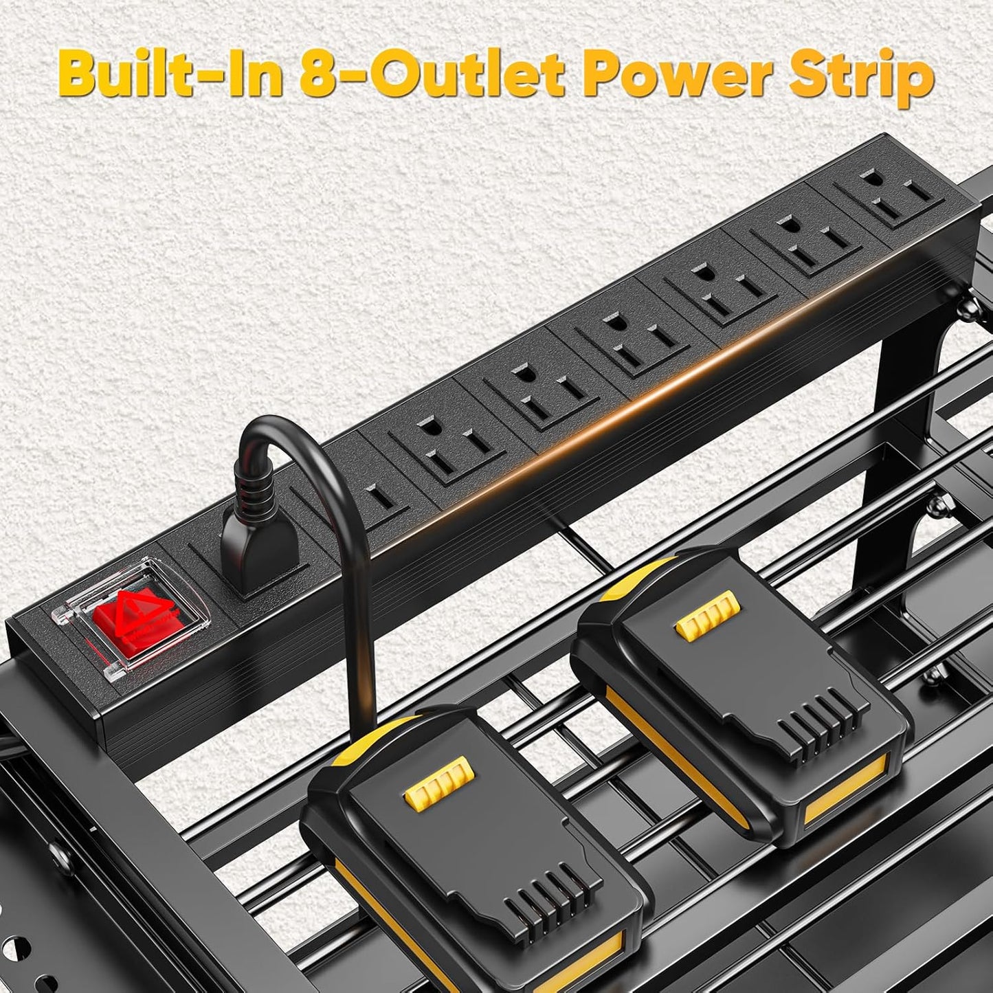 49.5" W Large Power Tool Organizer Wall Mount with Charging Station, 4-Tier Heavy Duty12 Cordless Drills Holder Load 600 lb, Tool Battery Storage Rack Built in 8 Outlet Power Strip for Garage