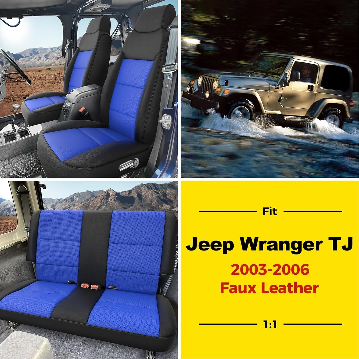 GIANT PANDA Full Set Car Seat Covers Customized Jeep Wrangler TJ Rubicon Sahara Sport X Unlimited 2003 2004 2005 2006, Faux Leather (Black&Blue)