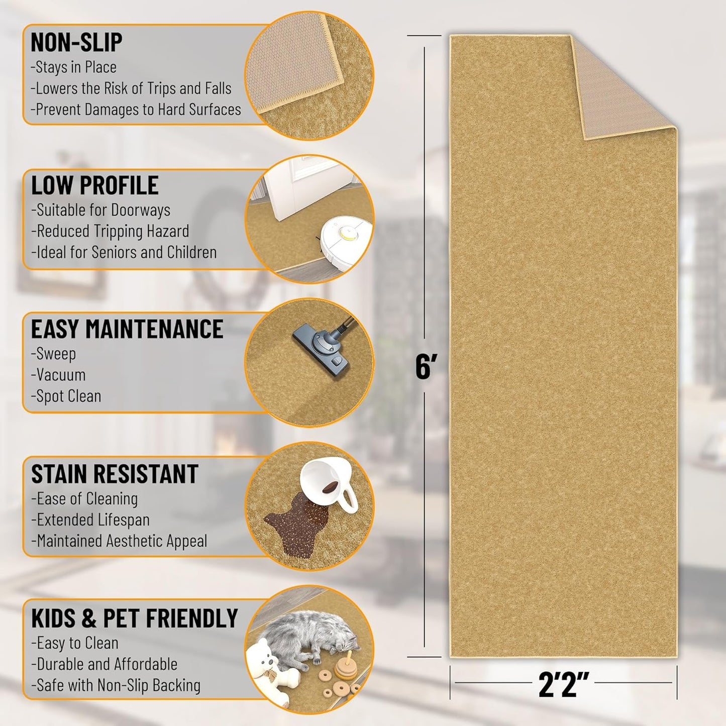 Ottomanson Hallway Runner Rug 2'2" x 6' Non Slip Solid Area Rugs Easy to Clean Laundry Rug Runner Durable & Pet Friendly Floor Carpet Runners for Hallways Entryway Living Room Kitchen, Beige