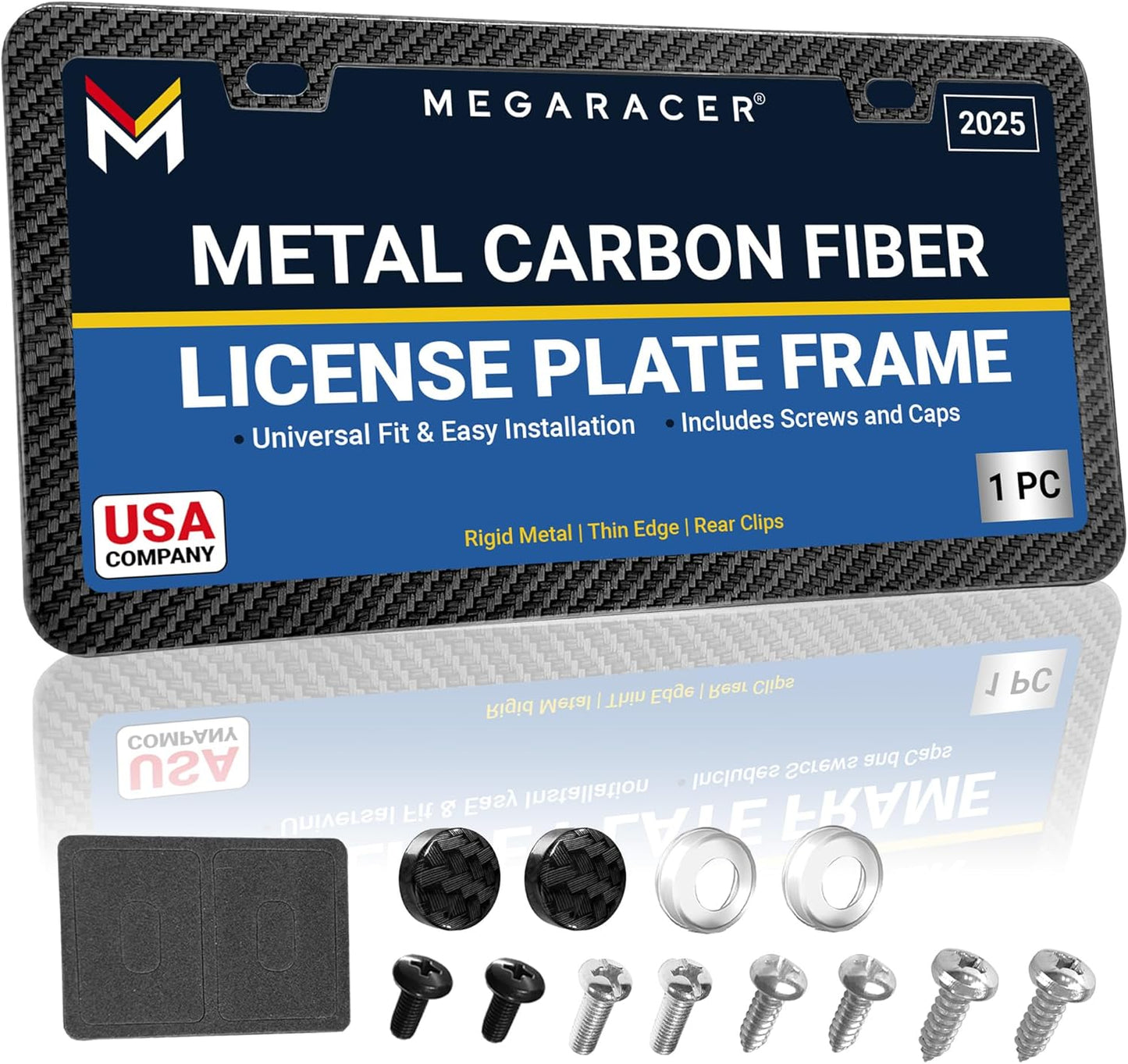 Premium Slim Carbon Fiber Design License Plate Frame – 1 Pack, Rust-Free Stainless Steel & Rattle-Free, Street Legal, Universal with Screw Caps Cover, Thin Metal Front or Rear Car Tag Holders for Men