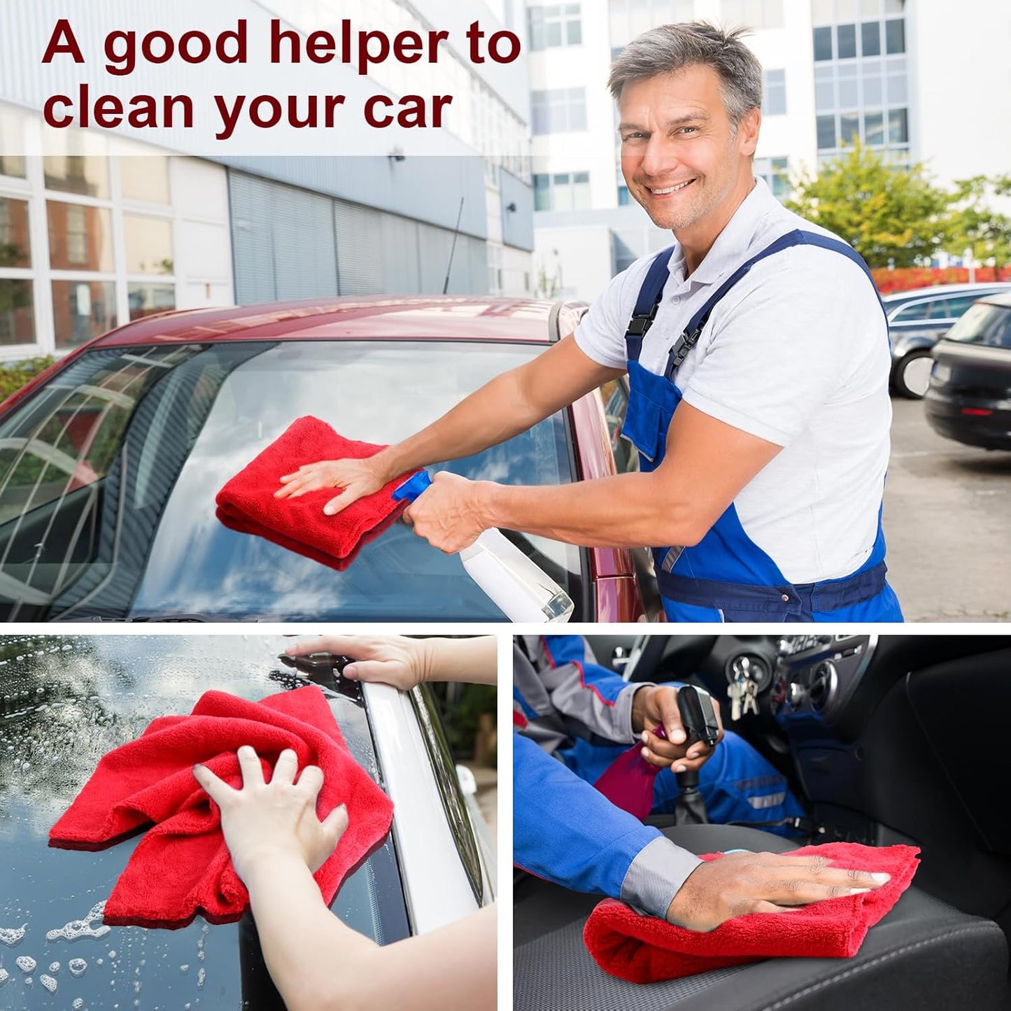 Shimeyao 30 Pcs Edgeless Microfiber Plush Towels for Cars Detailing Drying Wash Polishing Absorbent Cleaning Cloths, 500 GSM, 16 x 16 Inch(Red)