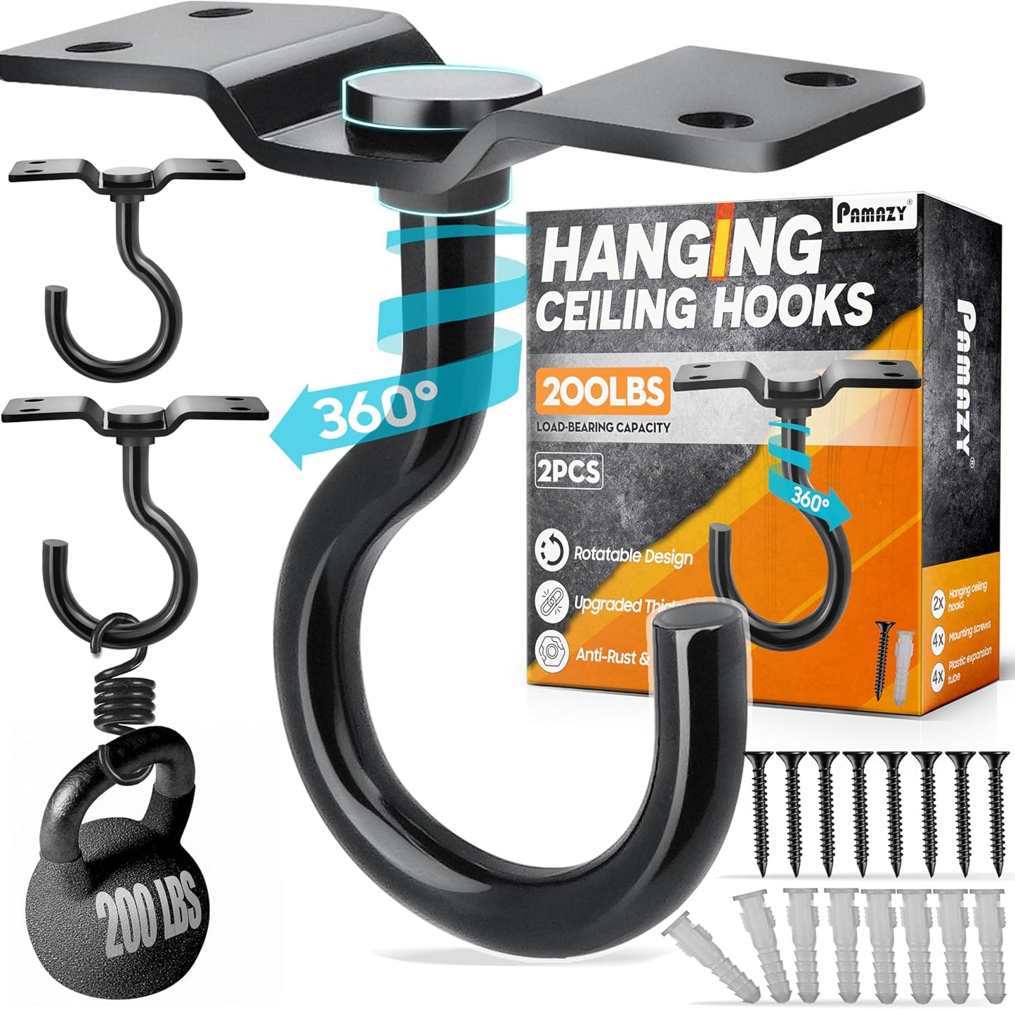 [UPGRADED] 2Pcs 200LBS Rotatable Ceiling Hooks with 4 Screw Points Base, Wall Mount Metal Hanger Black Ceiling Hook for Hanging Plant, Bird Feeder, Lights, Bed Canopy, Wind Chime, Indoor Outdoor Decor