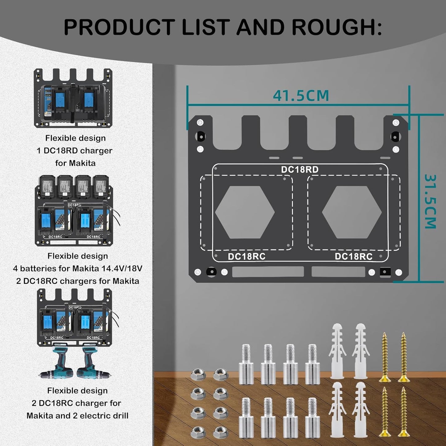 Charger Mount for Makita DC18RC, DC18RD Charger, Wall Mount for Makita 4X 14.4V/18V Batteries and 2 Drilling Screwdrivers, Heavy-Duty Garage Workshop Organization
