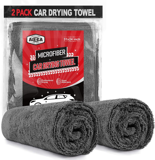 AIDEA Microfiber Towels for Cars-2PK, Large Professional Car Drying Towel, Scratch-Free & Absorbent Drying Towel for Cars, SUVs, RVs, Trucks, and Boats, 24inx 31in, Grey
