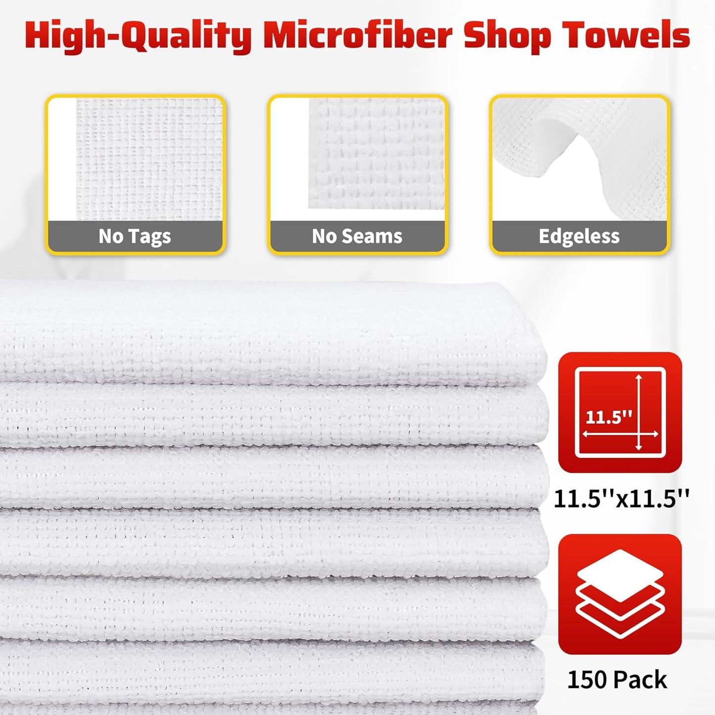 HOMERHYME White Microfiber Cleaning Cloth, 150 Pack Shop Towels All-Purpose Cleaning Rags, Bulk Lint-Free Washcloth Reusable Microfiber Towels for Cars Mechanic Garage & Housekeeping 11.5"*11.5"
