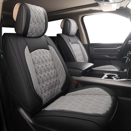 JOJOBAY Car Seat Covers for Dodge Ram 2 Pcs Front,Fit Ram 2009-2025 1500/2500/3500 Pick-up Truck,Crew,Regular,Quad,Mega Cab,Waterproof Leather Seat Covers Protectors（2 PCS Front,Black-Grey）
