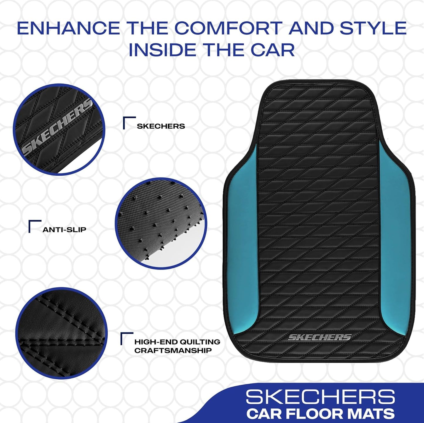 Skechers Leather Car Floor Mats with Anti-Slip Pad, Universal Waterproof Fit Automotive Floor Mats for SUV, Vans, Sedans, Trucks - Full Set 4pcs Blue