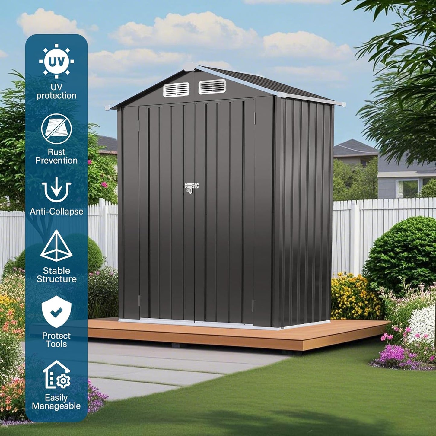 5X3 FT Metal Outdoor Storage Shed, Waterproof Tool House with Peaked Roof and Lockable Door, Weather-Resistant Garden Sheds for Backyard, Patio, Sundries and Bike Storage, Gray