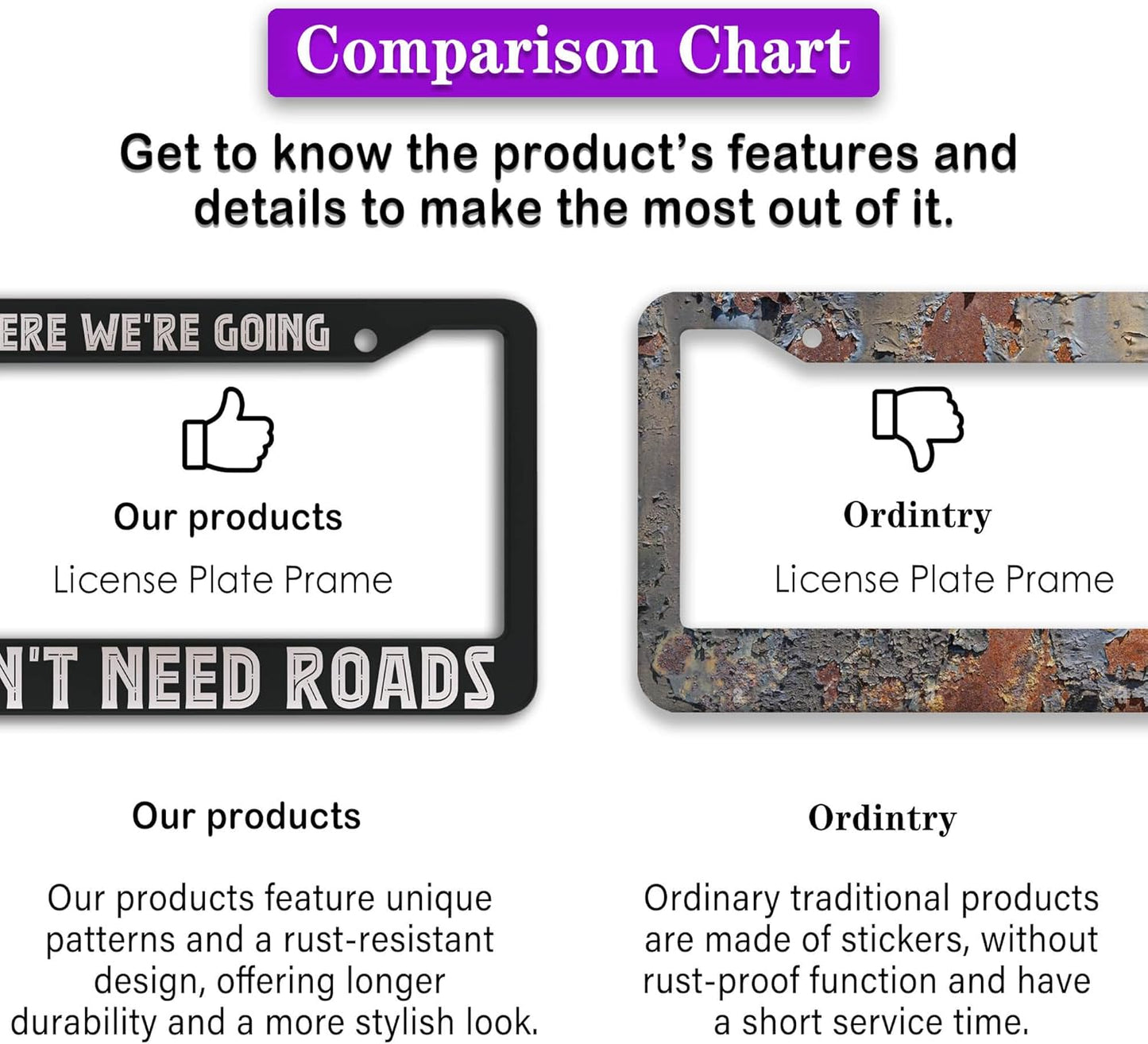 License Plate Frame Black and White Custom License Plate Frame Where We’re Going, We Don’t Need Roads Aluminum Metal Car Accessory 2 Pack with Screw Covers Set