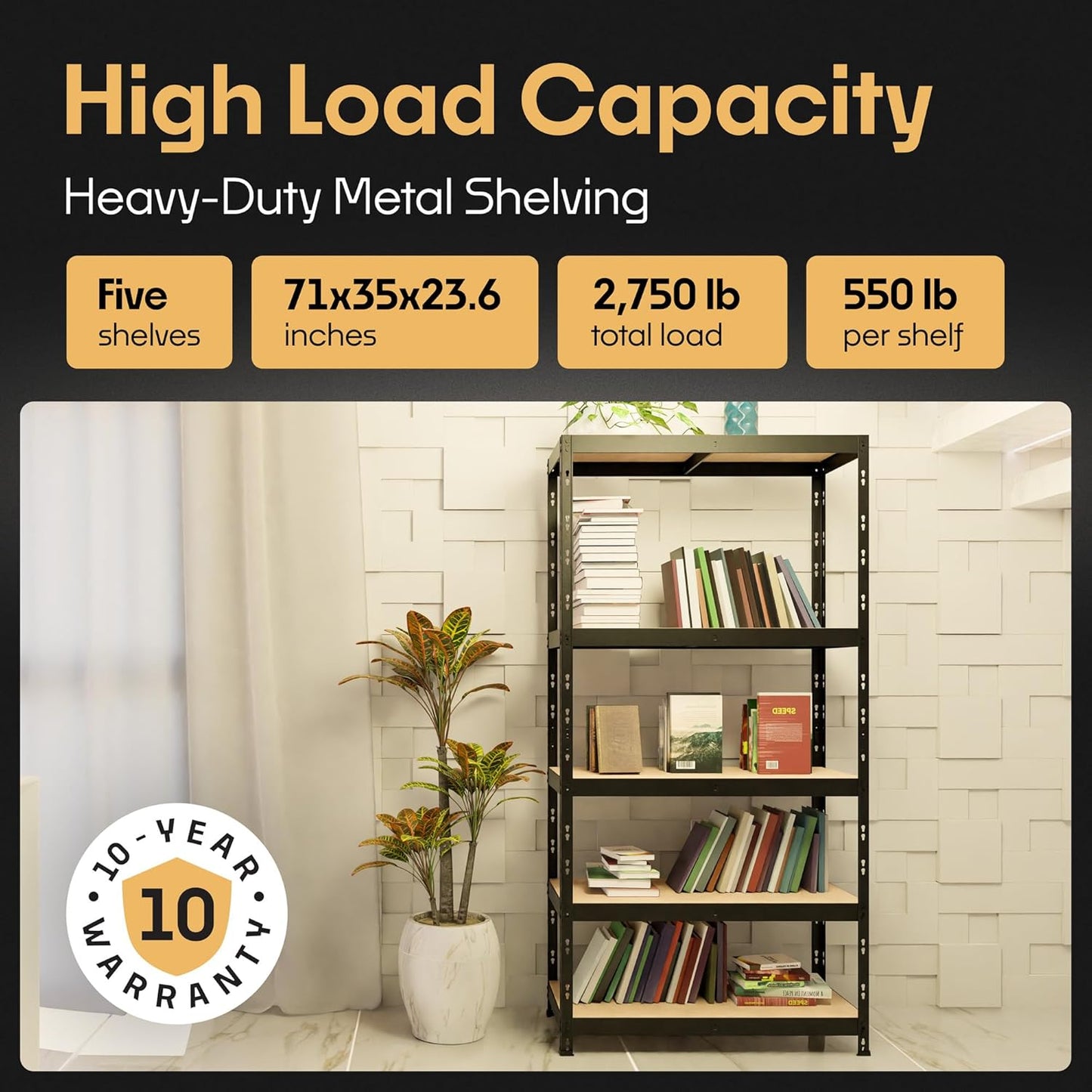 Storage Shelves: 5 Storage Shelves Heavy Duty w/ 2,750 lb Total Load Capacity, 550 per Storage Shelf, 71x35x24 | Perfect Solution for Your Storage Needs | Adjustable Shelving Unit