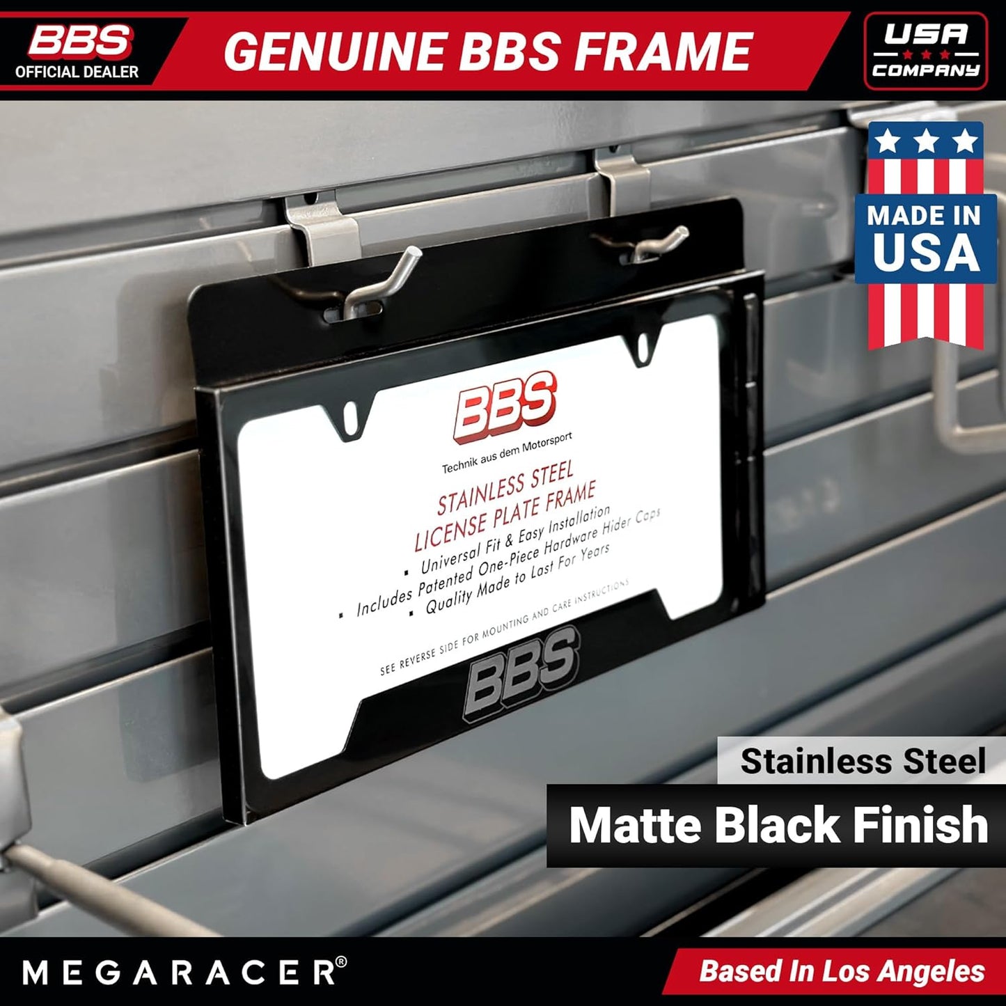 BBS Official Black Stainless Steel License Plate Frame – Made in USA – Premium Rustproof Powder-Coated Metal Car Accessory – Universal Fit – 1 Pack