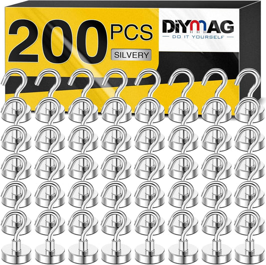 DIYMAG Magnetic Hooks, 30Lbs Strong Heavy Duty Cruise Magnet S-Hooks for Classroom, Fridge, Hanging, Cabins, Grill, Kitchen, Garage, Workplace and Office Etc, (200 Pack-Silver),Screw in Hook