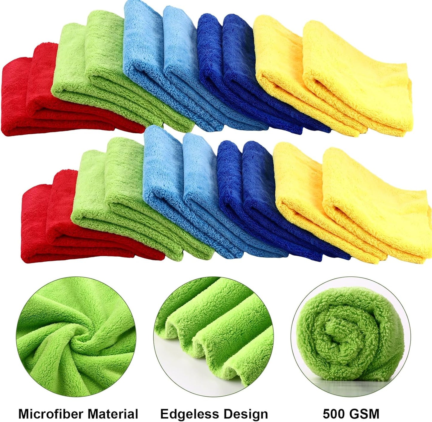 Shimeyao 30 Pcs Edgeless Microfiber Plush Towels for Cars Detailing Drying Wash Polishing Absorbent Cleaning Cloths, 500 GSM, 16 x 16 Inch(Multicolor)