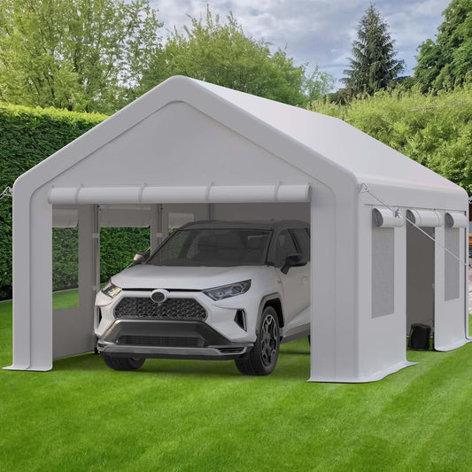 13x20ft Carport Heavy Duty, Portable Garage with 4 Doors + 4 Window, Upgraded Carport with Reinforced Steel Poles, Uv Resistant Waterproof Tarp, Portable Carport for Car, Truck, Boat