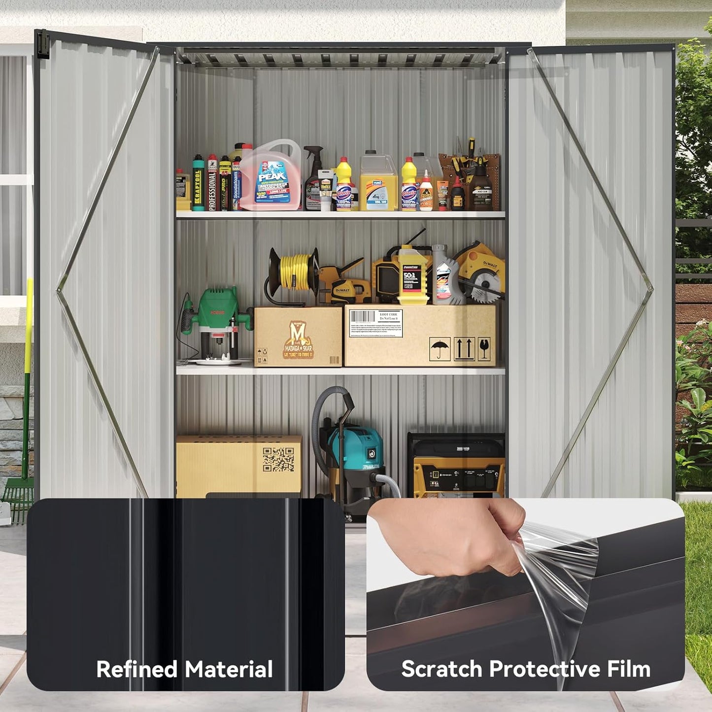 Aoxun 55x19 in Outdoor Storage Cabinet Metal Garden Shed with 2 Adjustable Shelves 3 Layer Indoor& Outdoor Waterproof Vertical Storage Shed for Patio Garden, Garage, Porch (Black, 40 Cu.Ft)