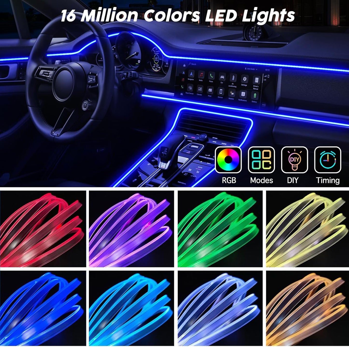USB Car LED Lights, Interior Car Lights Strip with APP and RF Remote Control, 5 in 1 Ambient Lighting with 276 inches Fiber Optic Music Sync Simple Installation EL Wire Lights (5 in 1/276 inches)