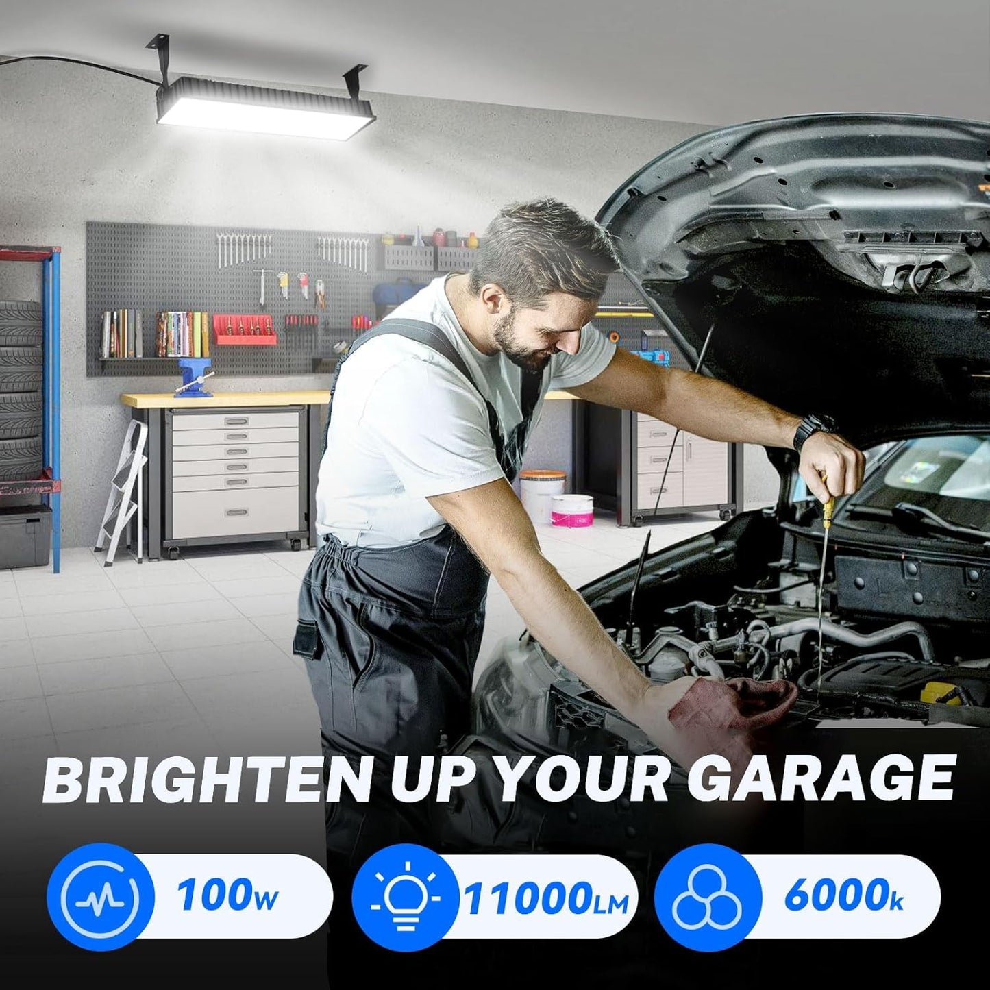 2 Pack LED Shop Lights, 100W 11000LM Plug in Garage Light with 6FT Power Cord, IP66 Waterproof Work Bench Shop Lights for Garage, Workshop, Warehouse, Outdoor, Yard, Garden