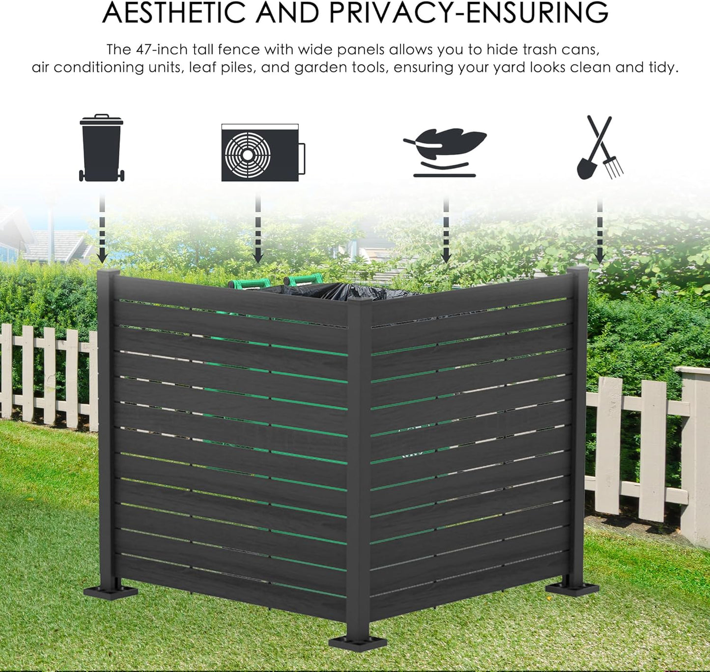 Kozyard 50" W x 48" H Outdoor Privacy Screens Aluminum Post, Air Conditioner Fence Panels, Pool Equipment Enclosure, Trash Can Screens Fence Kit for Outside Backyard Patio (Black/ 2 Panels)