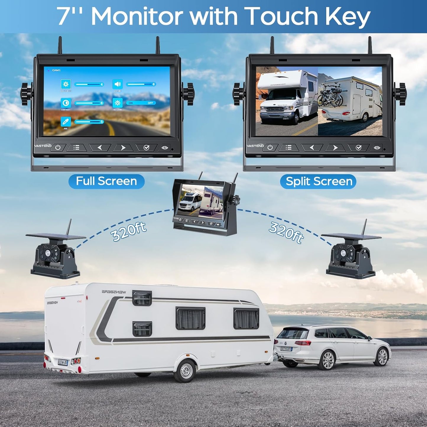 2 Magnetic Solar Wireless Backup Camera Built-in 10000mAh Battery & Solar Panel HD1080P 7" DVR Monitor 1Min DIY Installation Rechargeable Reverse Camera System for Hitch Towing Travel RV 5th Wheel