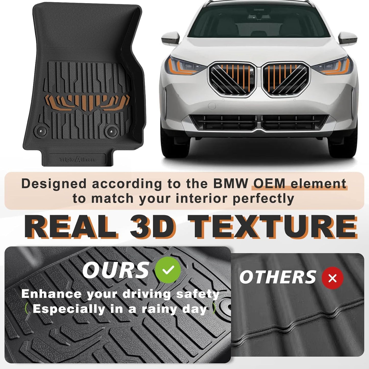 TripleAliners Floor Mats All Weather Compatible with 2025 BMW X3 Accessories 1st & 2nd Row TPE Heavy Duty Protection Odorless Anti-Slip Floor Liners