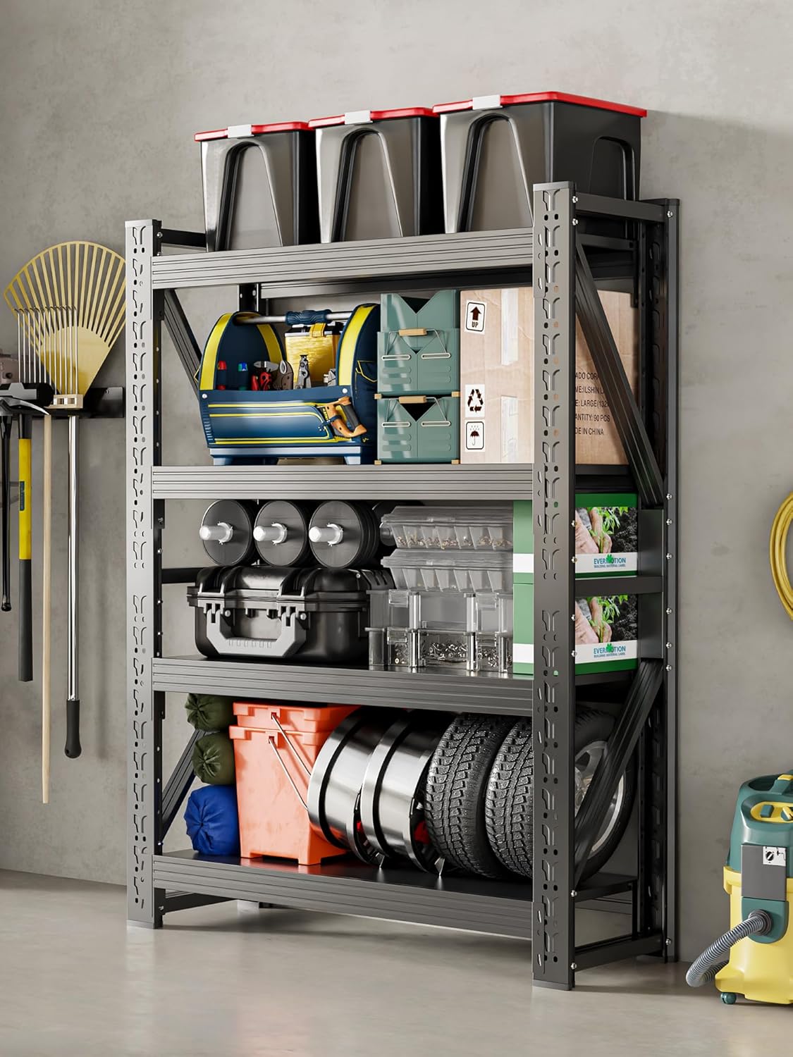 4-Tier Storage Shelves,79" H Heavy-Duty Garage Shelving Unit,Adjustable Industrial Metal Shelf System,4,000lbs Capacity,Tool Organizer for Garage,Workshop,48" W*20" D*79" H,Black