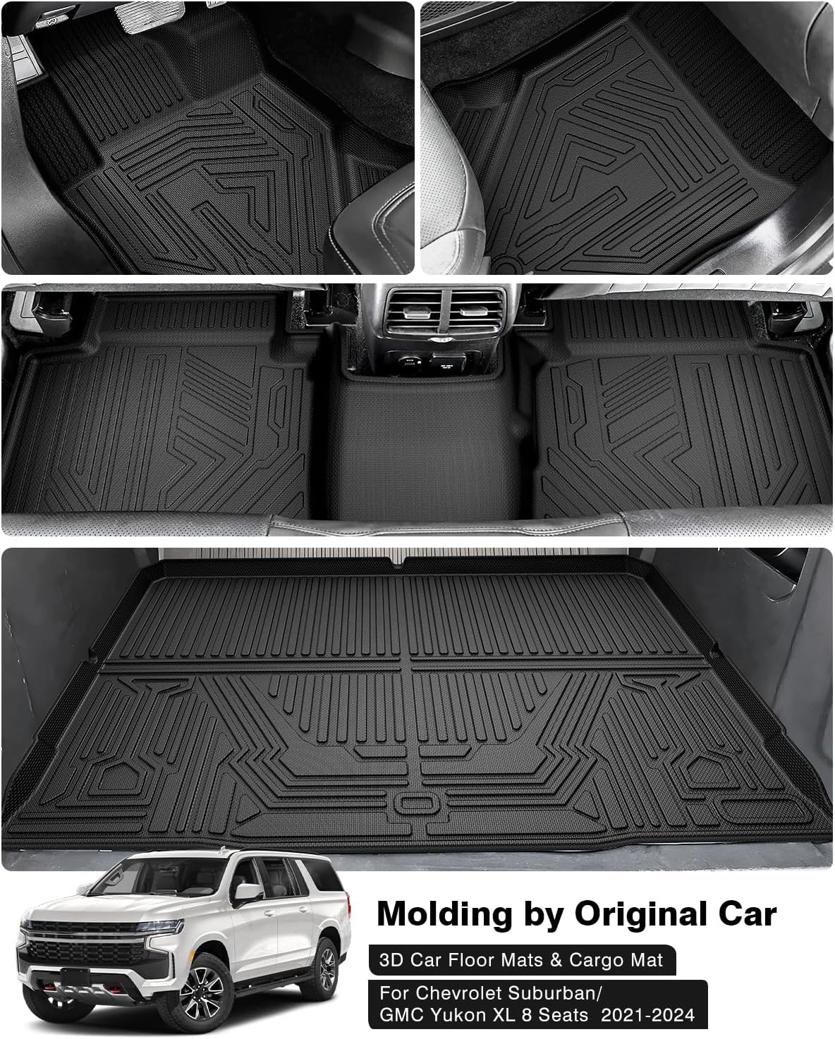 Powerty Floor Mats & Cargo Liner for 2021-2024 2025 Chevy Chevrolet Suburban/GMC Yukon XL 8 Seats Accessories Floor Mats 2 Row Liner Set All Weather TPE 3D Floor Liners&Rear Cargo Mat