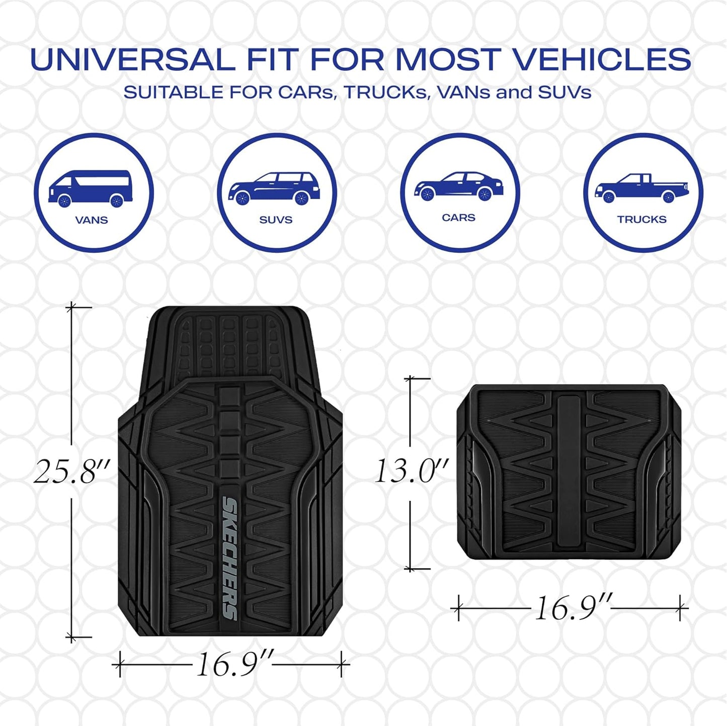 Skechers Car Floor Mats,Heavy Duty Rubber Car Mats Full Set,All WeatherFloor Mats,Waterproof Trim to Fit Universal Floor Liner Car Accessories,Automotive Floor Mats for Cars Trucks SUV,Black
