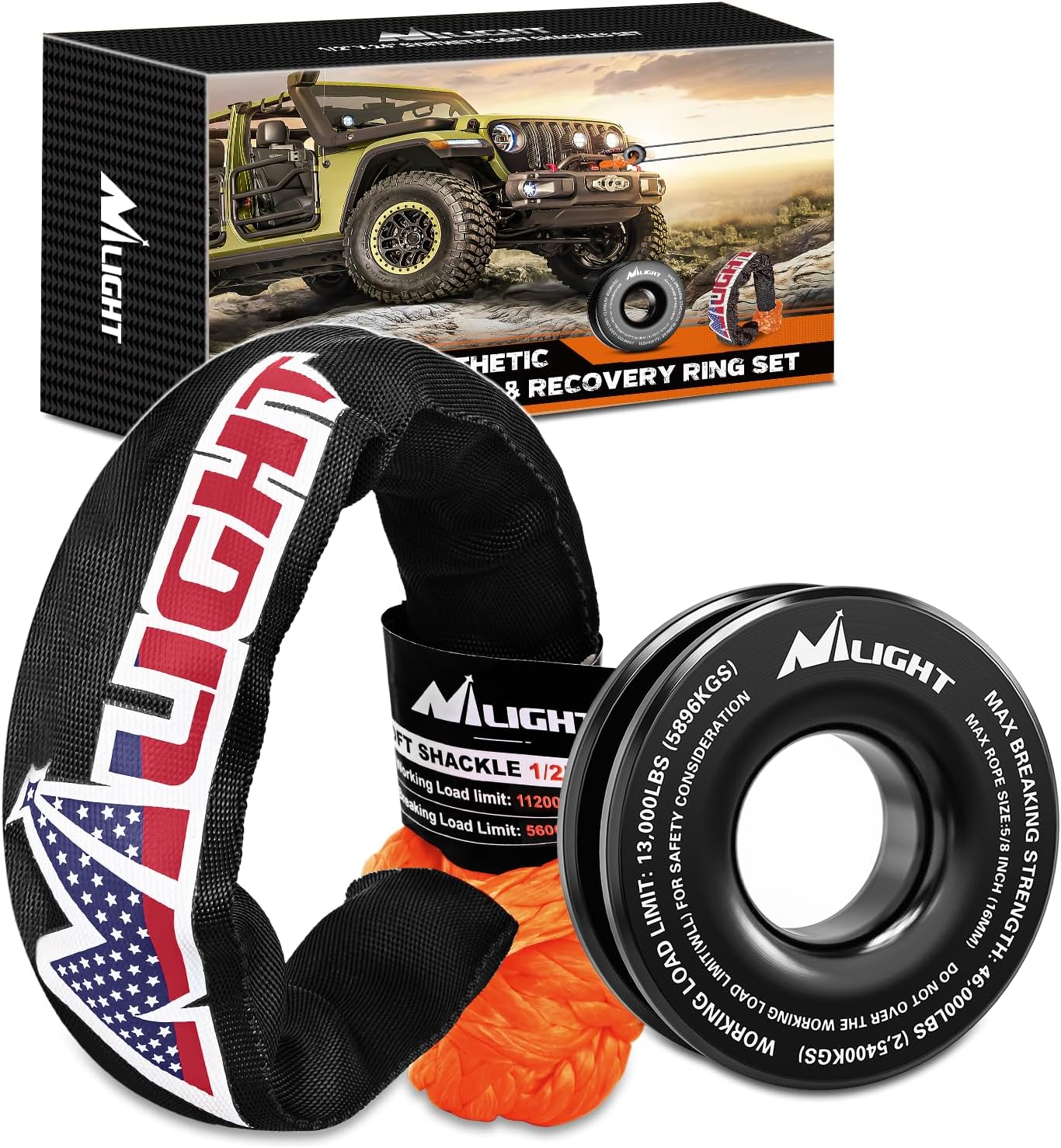 Nilight Synthetic Soft Shackle & Recovery Ring Kit 1/2inch x 24inch Soft Shackle (56,000 LBS Breaking Strength) with Snatch Ring (46,000 LBS MBS) for 4x4 Truck SUV ATV Off Road, 2 Years Warranty