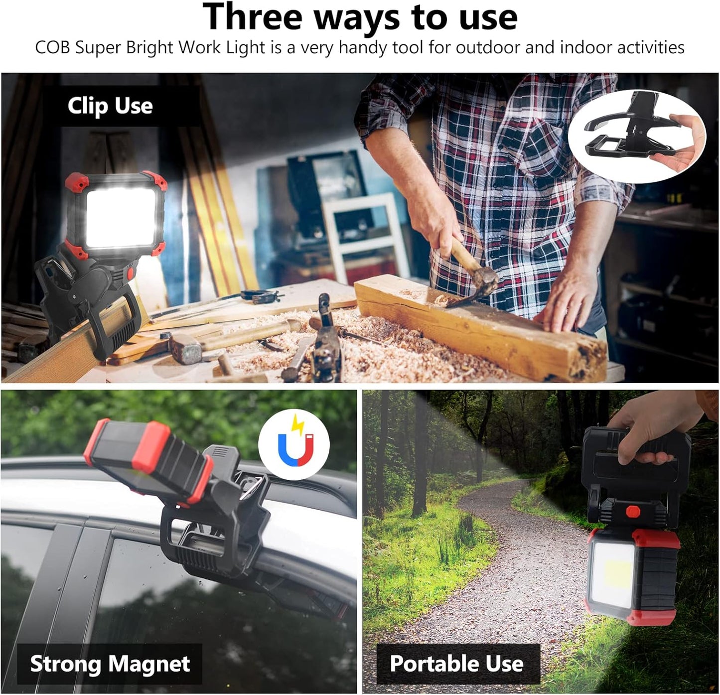 LED Rechargeable Work Light with Clamp, 2100LM Super Bright COB Magnetic Work Light with 3 Light Modes, 270° & 180° Rotation, Waterproof, Perfect for BBQ, Jobsite, Workshop, Car Repairing