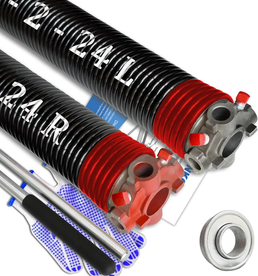 Garage Door Torsion Spring Set, Pair of 2" Electrophoresis Coated Garage Door Spring Replacement with 2 Non-Slip Winding Bars and Bearing, Minimum 16000 Cycles (.225x2x24")