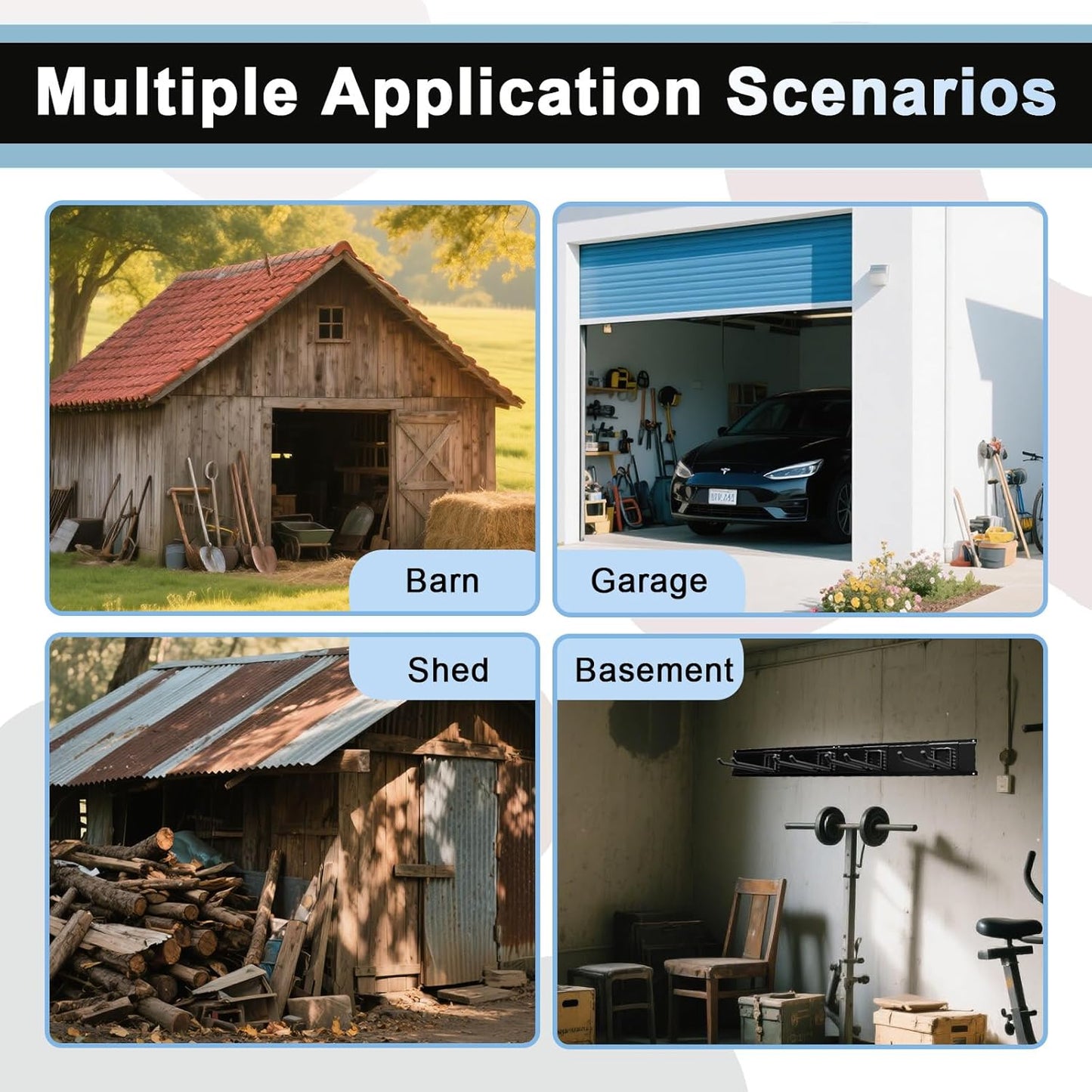 Garage Tool Organizer Wall Mount 32in- 4 Heavy Duty Hooks,240lbs Capacity, Garage Organization & Storage Rack for Broom, Rake & Snow Equipment - Tool Organizer & Men’s Gift Choice