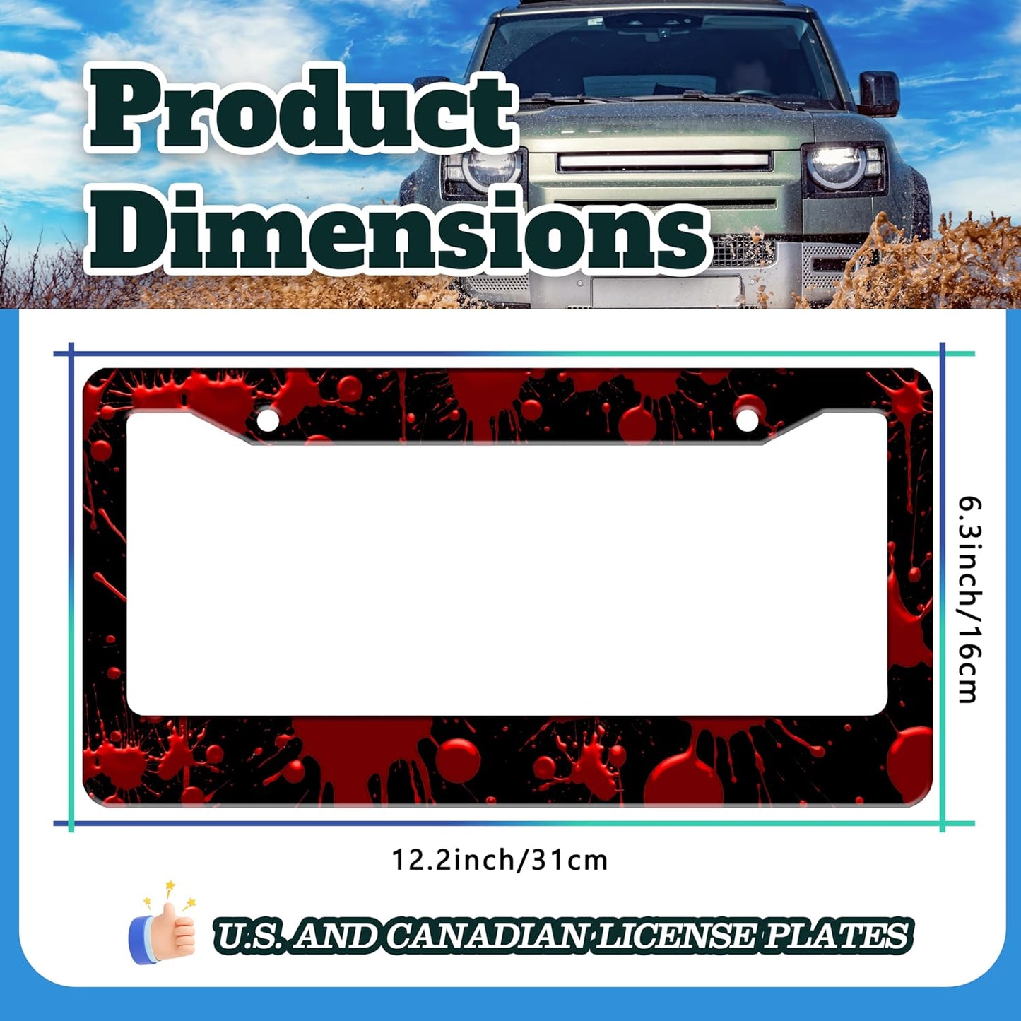 Red Blood Drop License Plate Frame Blood Spatter License Plate Holder for Front or Rear Car Tags Reusable Stainless Steel Funny Car Decoration with Screws 6.3 X 12.2 Inch