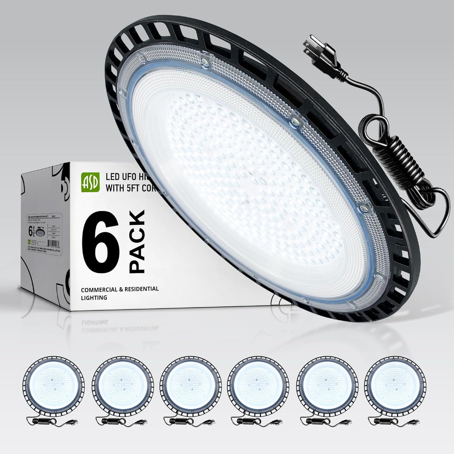 ASD LED High Bay UFO Light Fixture, Commercial Shop Lighting | Plug & Play Cable, IP65 Waterproof, ETL Listed | 150W 18000LM 5000K 100-277V | Warehouse, Garage, Workshop, Barn Lamp | Black, 6 Pack