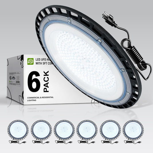 ASD LED High Bay UFO Light Fixture, Commercial Shop Lighting | Plug & Play Cable, IP65 Waterproof, ETL Listed | 150W 18000LM 5000K 100-277V | Warehouse, Garage, Workshop, Barn Lamp | Black, 6 Pack