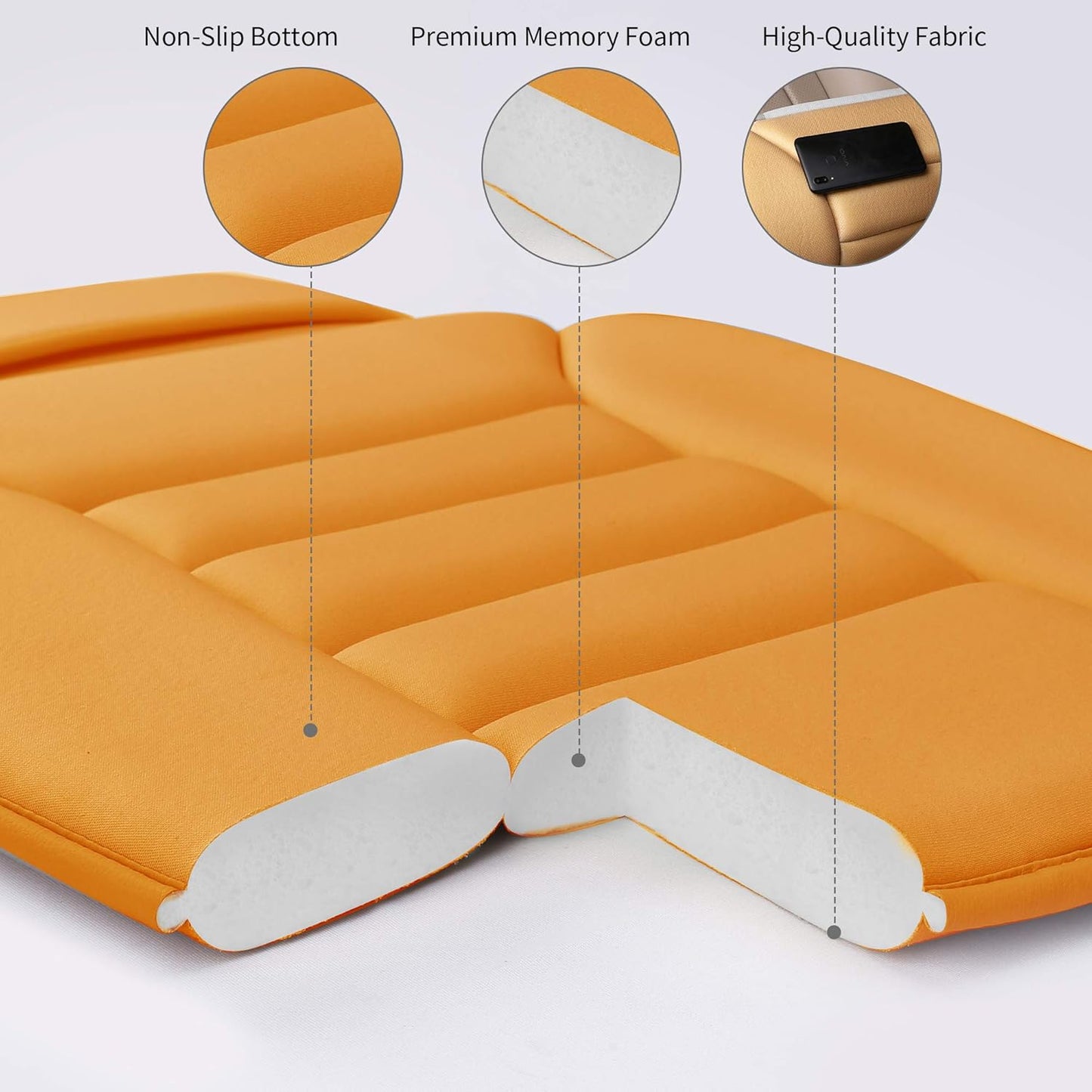 Premium Car Seat Cushion, Driver Cushion with Comfort Memory Foam & Non-Slip Rubber Bottom, Car Seat Pad Works with 95% of Vehicles and Office Chair or Home (Orange)