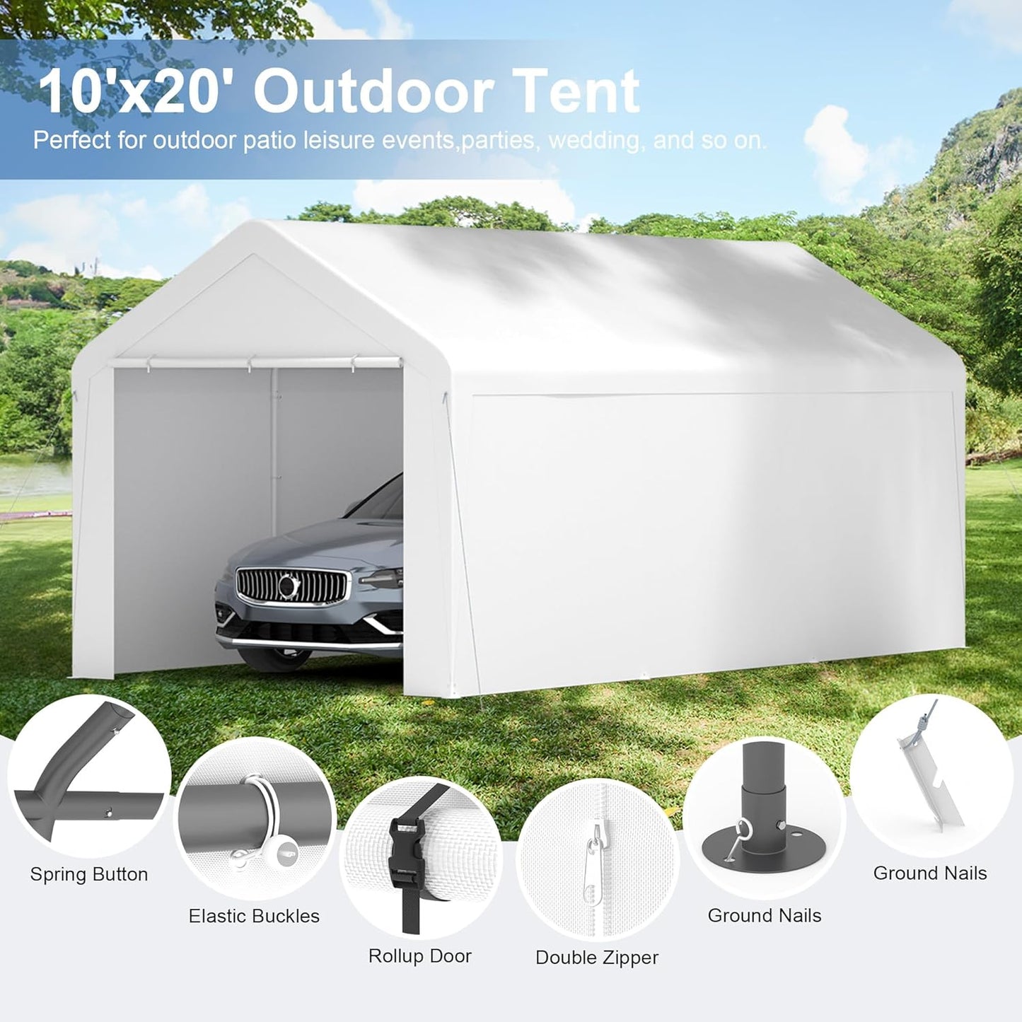 Carport, 10‘ x 20’ Heavy Duty Portable Garage All-Season Car Canopy w/Removable Sidewall & Doors, Carport Canopy Party Tent w/Water-Resistant Tarp for Backyard (White, 10‘ x 20’)