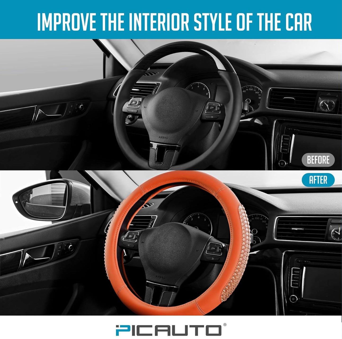 PIC AUTO Gel Particles Steering Wheel Cover, Orange Luxury Leather Car Steering Wheel Protector, Universal Fit 14.5"-15.5" Anti-Slip Car Interior Accessories for Girls & Women