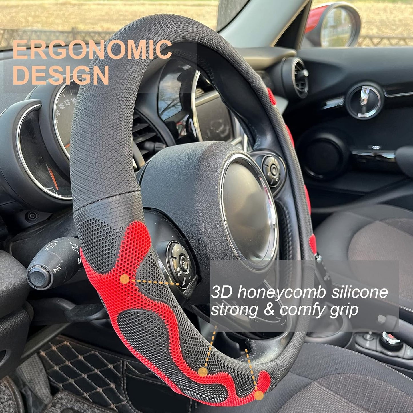 PINCTROT Large Size Comfy Grip Steering Wheel Cover, Anti-Slip Design, 15.5-15.75 Inch(Silicone Red)