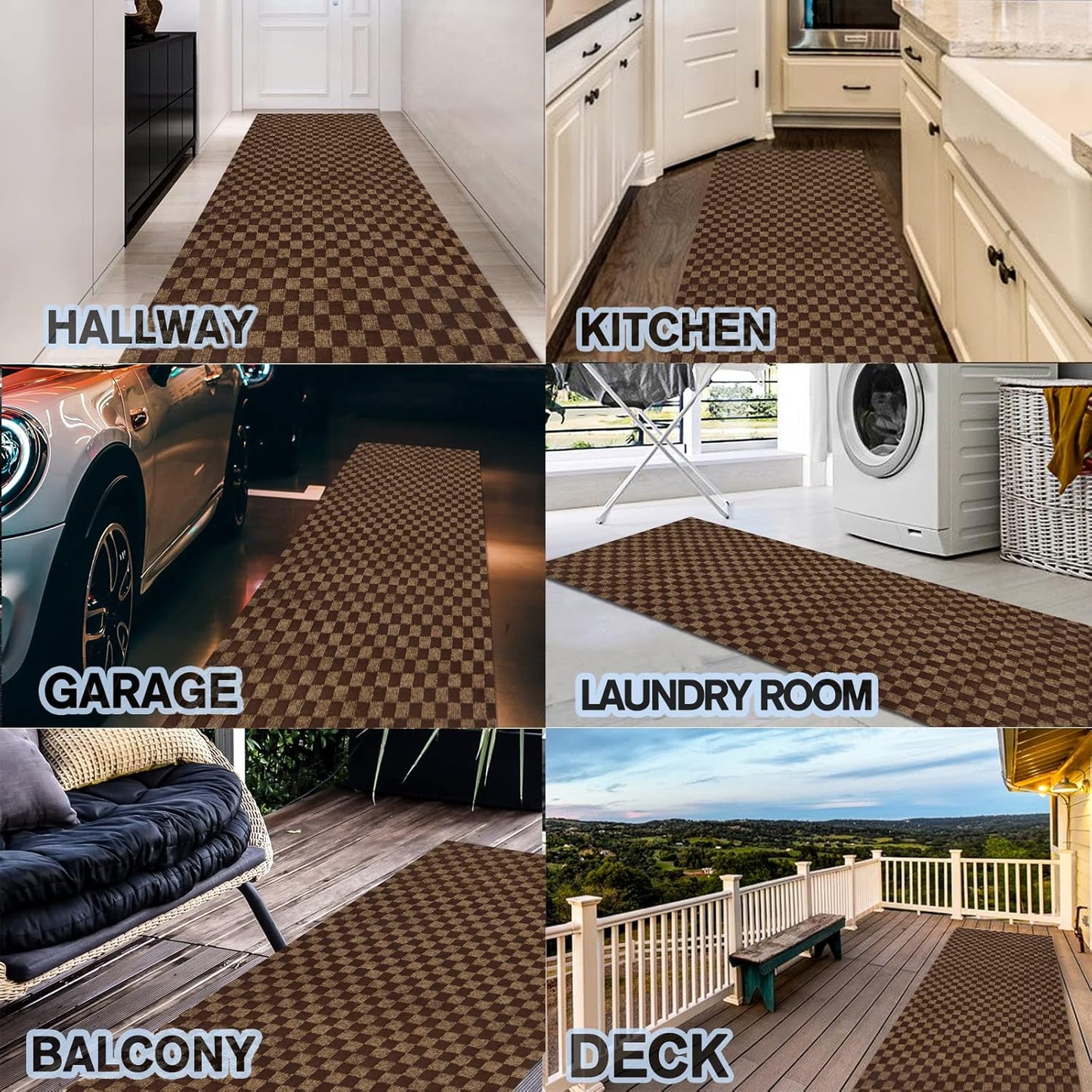 Custom Size Backed Non-Slip Area Rugs Runner, Easy Clean, Waterproof Runner Rugs for Hallway Entryway, Kitchen, Laundry, 3FT x 33FT, Brown Checkered