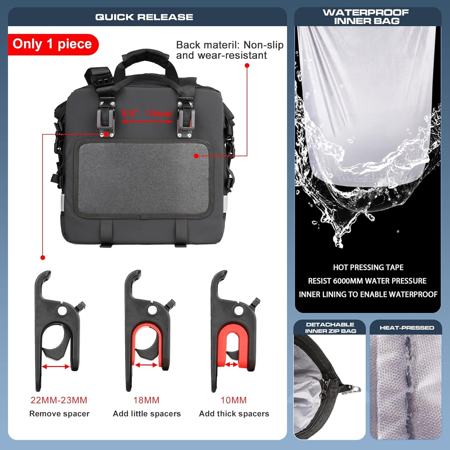 Rhinowalk Waterproof Motorcycle Saddlebags Luggage Bags 20L Quick Release for Adventure & Sport Bikes, Black (1 Pack)