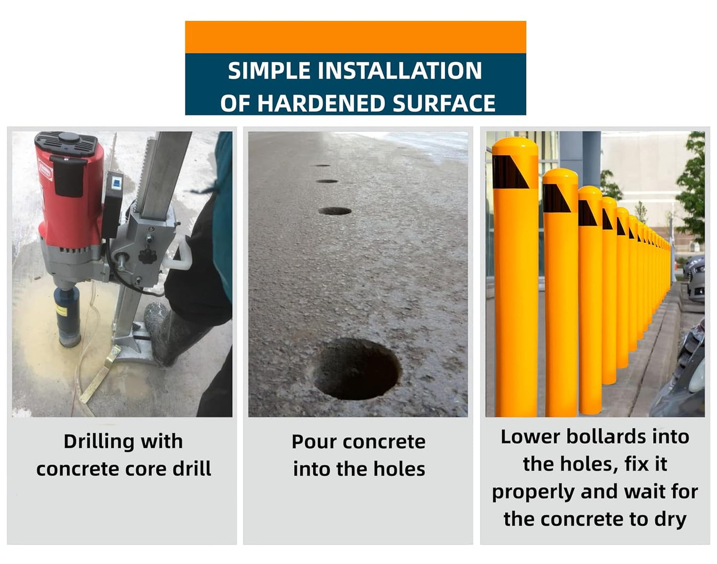 58" High 4-1/2" OD Steel Bollard Post Underground Mount, Cap Removable Safety Bollard Yellow Powder Coat, Metal Bollard Parking, Safety Barrier